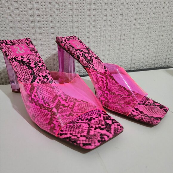 New York and Company Y2K Style Pink Snake-Print Lucite Mule Block Heel Size 10 - Picture 3 of 13